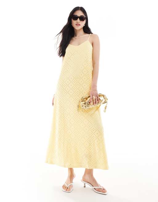 Vero Moda – Jersey-Maxikleid in Gelb mit V-Ausschnitt und Lochstickerei