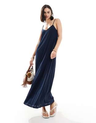 Vero Moda - Jersey-Maxikleid in Marineblau mit V-Ausschnitt und Lochstickerei