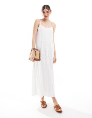 Vero Moda - Jersey-Maxikleid in Weiß mit V-Ausschnitt und Lochstickerei
