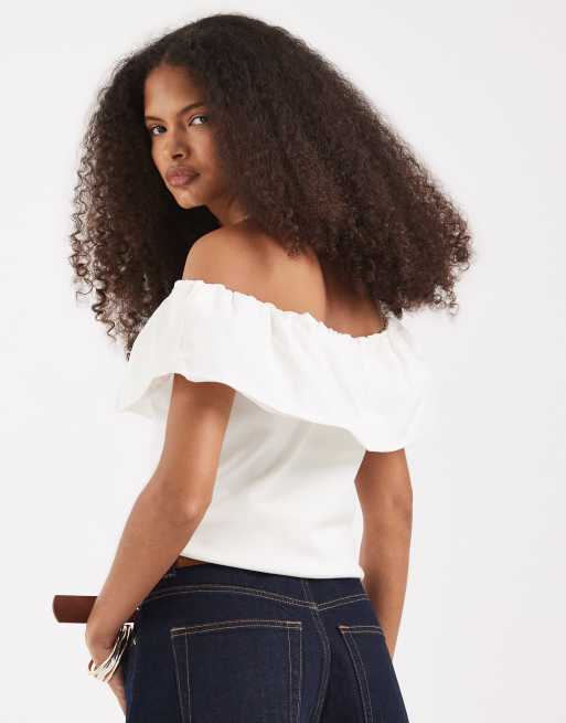 Vero Moda jersey off shoulder ruffle top in white, 4 of 4