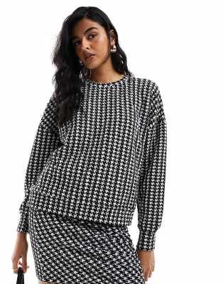 jersey oversized sweat top in mono houndstooth - part of a set-Black