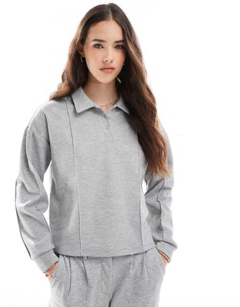 Vero Moda jersey polo top co-ord in light grey melange - view 1