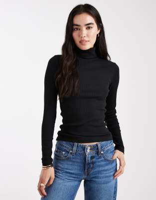 Vero Moda Jersey Ribbed Turtle Neck Long Sleeve Top In Black