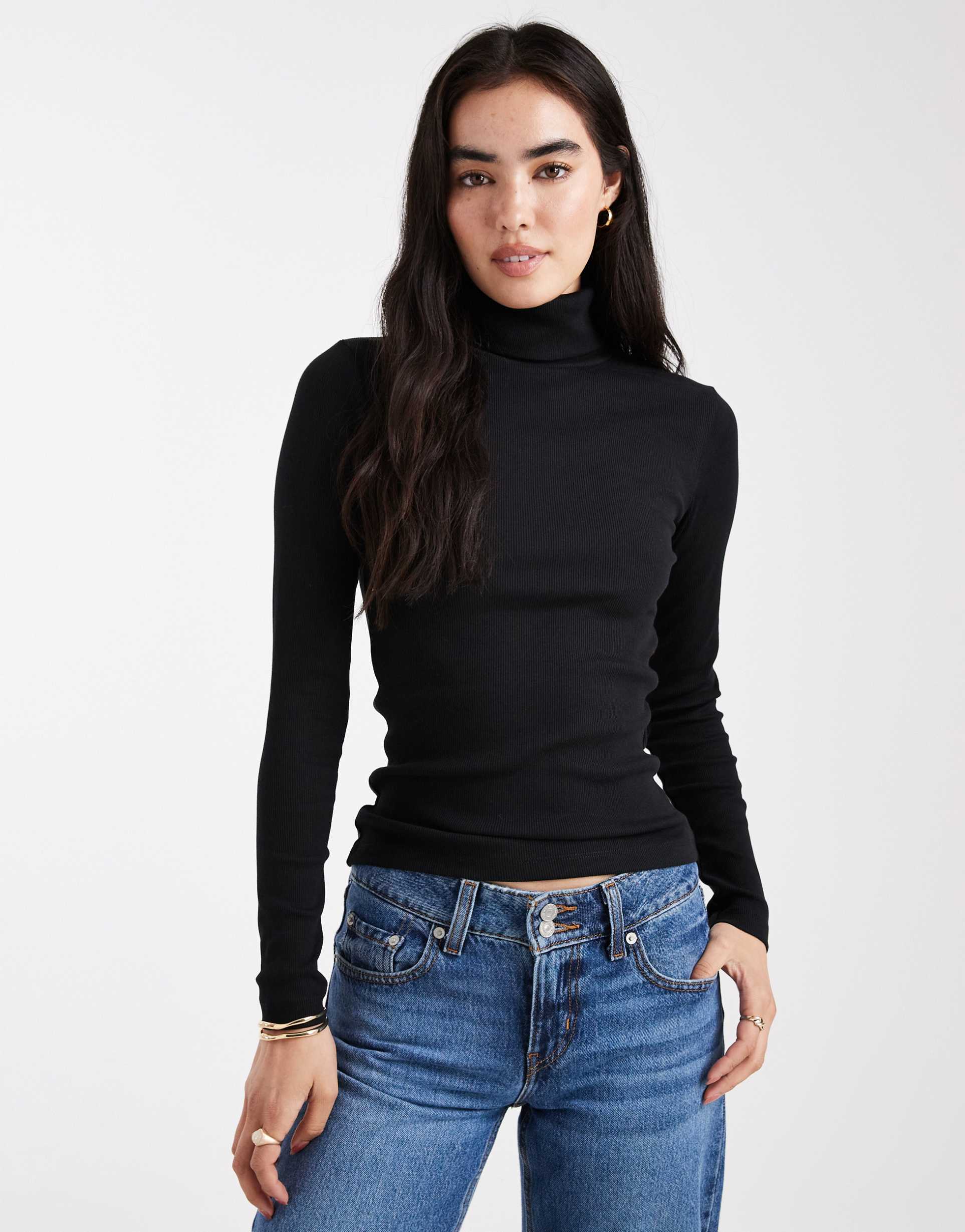 vero moda jersey ribbed turtle neck long sleeve top in black