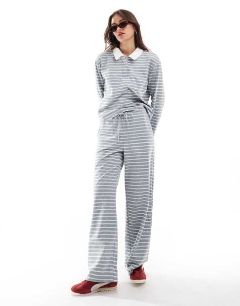 Vero Moda – Jersey-Set aus weit geschnittener Hose und Polo-Oberteil in gestreiftem Grau - view 1