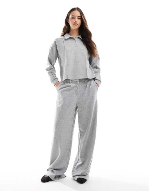 Vero Moda – Jersey-Set in meliertem Hellgrau, aus Polo-Oberteil und Hose mit weitem Bein