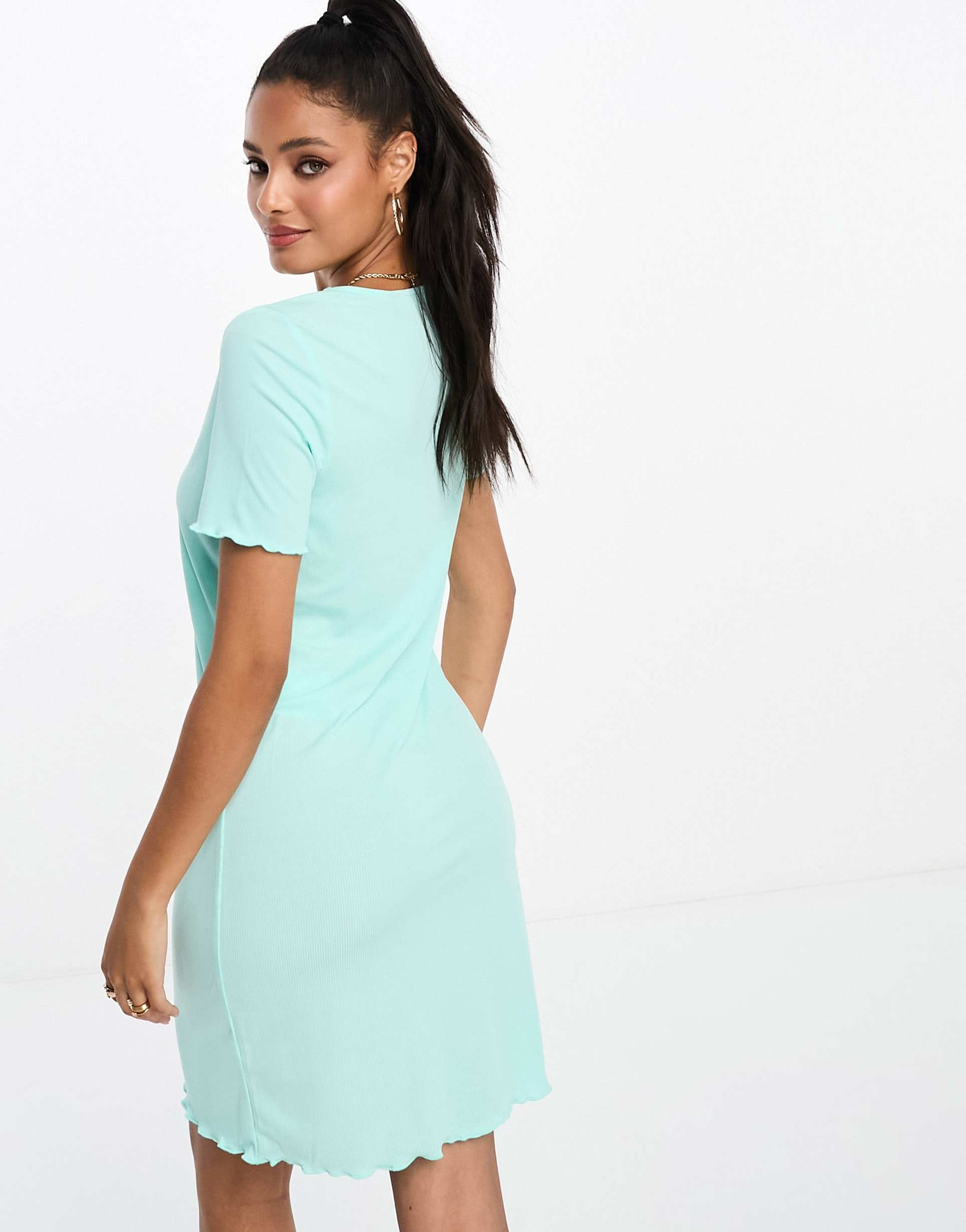 vero moda jersey t-shirt mini dress with lettuce edge in blue