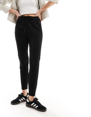 Vero Moda jersey tie waist tapered trousers in black | ASOS