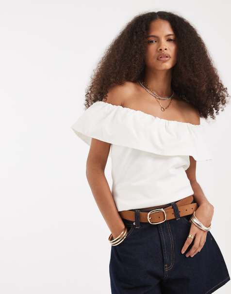 Vero Moda - Jersey top met blote schouders en ruche in wit - view 1