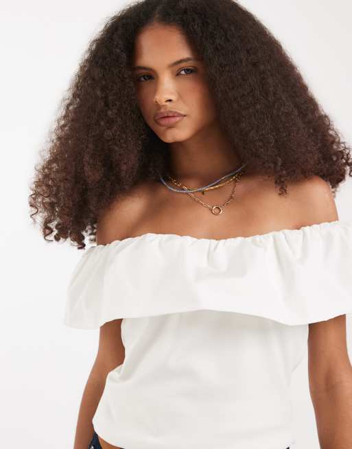Vero Moda jersey top off shoulder ruffle in white, 3 of 4