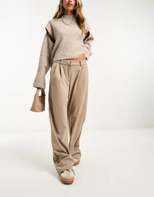 Vero Moda jersey wide leg dad trousers in stone-Neutral