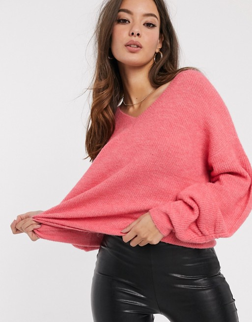 Vero Moda jumper with v neck and sleeve detail in pink