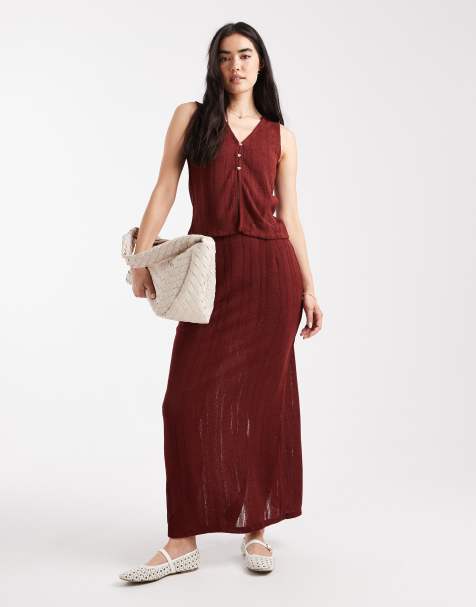 Vero Moda - Jupe d'ensemble en maille avec rayures côtelées - Bordeaux - view 1