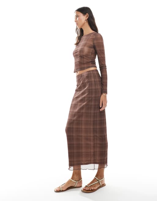 Vero Moda - Jupe d'ensemble longue en tulle transparent à carreaux - Moka, 4 de 5