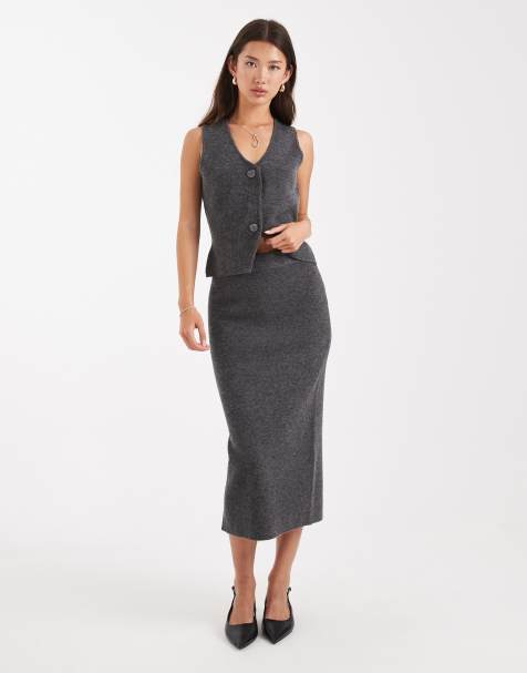 Vero Moda - Jupe d'ensemble mi-longue en maille douce - Gris chiné - view 1