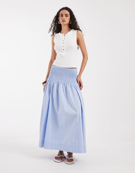 Vero Moda - Jupe longue à taille à smocks et fines rayures - Bleu clair - view 1