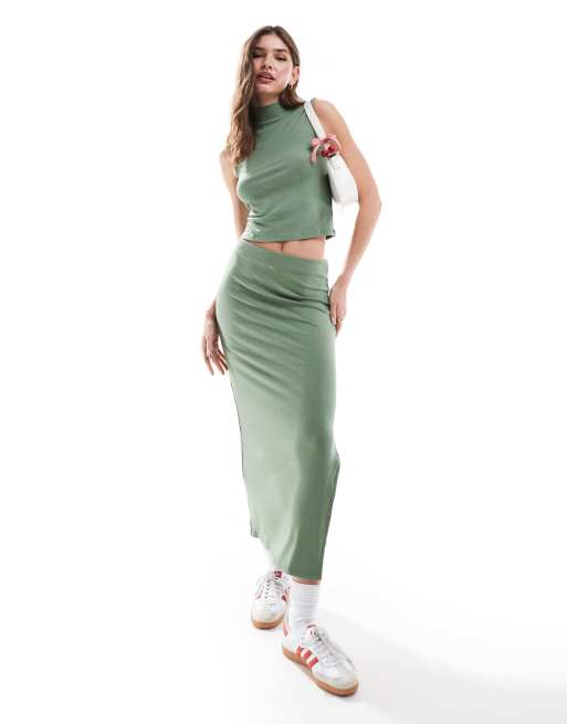 Vero Moda - Jupe longue droite d'ensemble côtelée et raccourcie - Vert sauge