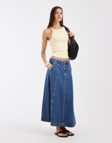 Vero Moda - Jupe longue trapèze en jean à coutures apparentes - Bleu moyen - view 1