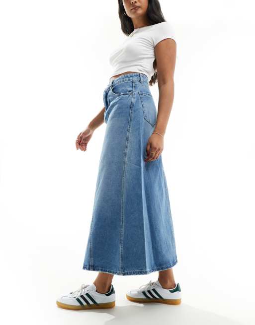 Jupe en jean trapeze mi longue hotsell