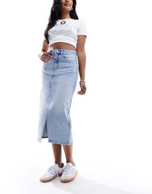 Jupe longueur mollet en jean fendue devant - Denim bleu clair XS