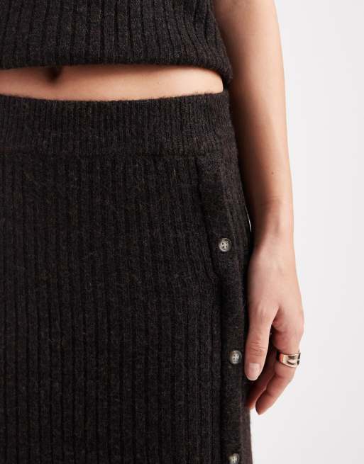 Vero Moda - Jupe mi-longue d'ensemble en maille côtelée boutonnée sur le côté - Chocolat chiné, 3 de 5