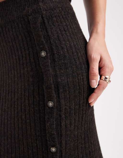 Vero Moda - Jupe mi-longue d'ensemble en maille côtelée boutonnée sur le côté - Chocolat chiné, 5 de 5