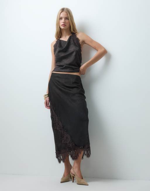 Vero Moda jupe midi en satin avec détail en dentelle, ensemble coordonné, marron chocolat, 5 de 5