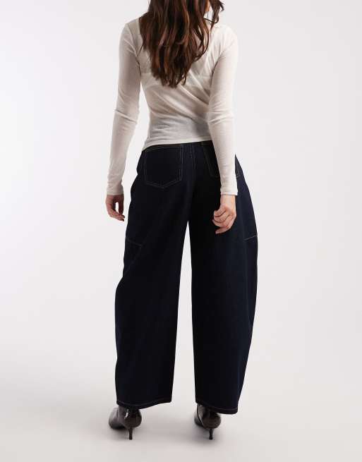 Vero Moda – Kaitlin – Indigoblå, vida barreljeans i rå denim med kontrastfärgade sömmar, 3 av 5