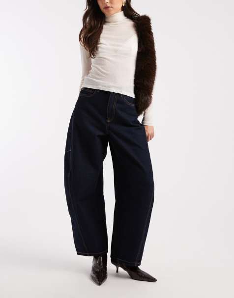 Vero Moda Kaitlin wide barrel jeans with contrast stitiching in raw indigo