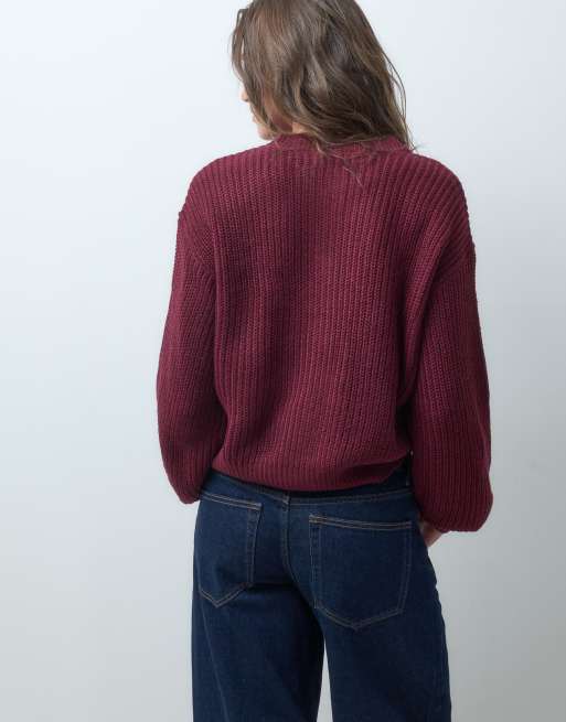Vero Moda kardigan o grubym splocie z okrągłym dekoltem w kolorze bordowym, 3 z 4