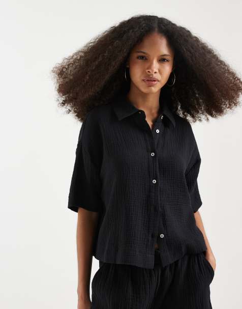 Vero Moda – Kastige Hemdbluse aus strukturiertem Musselinstoff in Schwarz, Kombiteil - view 1