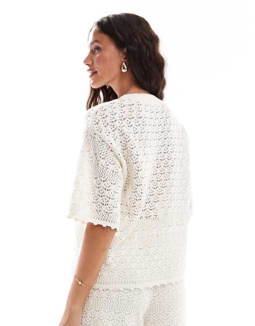 Vero Moda – Kastiges T-Shirt aus Häkelstrick in Birke-Cremeweiß, Kombiteil, 4 von 4