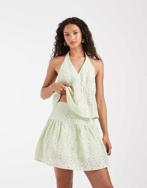 Vero Moda - Katoenen mini rok met broderie in licht mistgroen, deel van co-ord set, 2 van 5