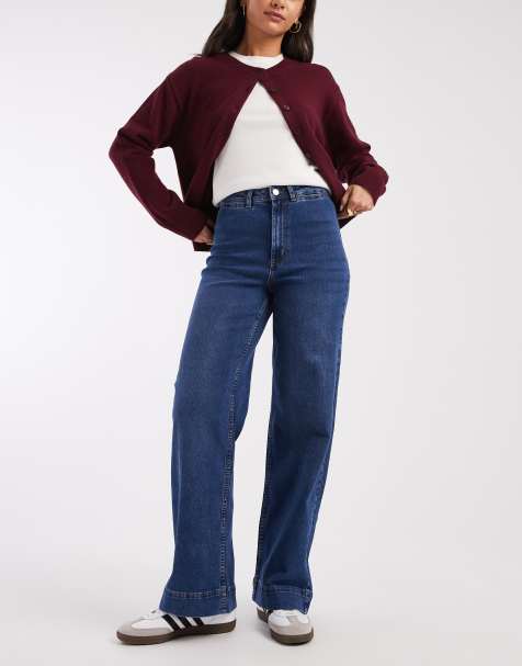 Vero Moda Kayla high waisted wide leg jeans with wide hems in dark blue