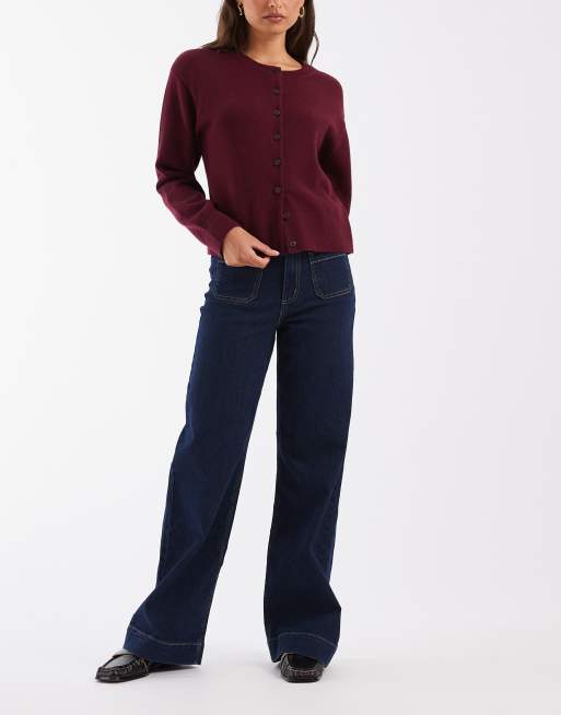 Vero Moda Kayla jeans a vita alta a gamba larga con dettaglio tasche in denim blu scuro, 1 di 5