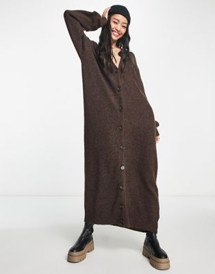 Vero Moda knit cardigan button up maxi dress in brown