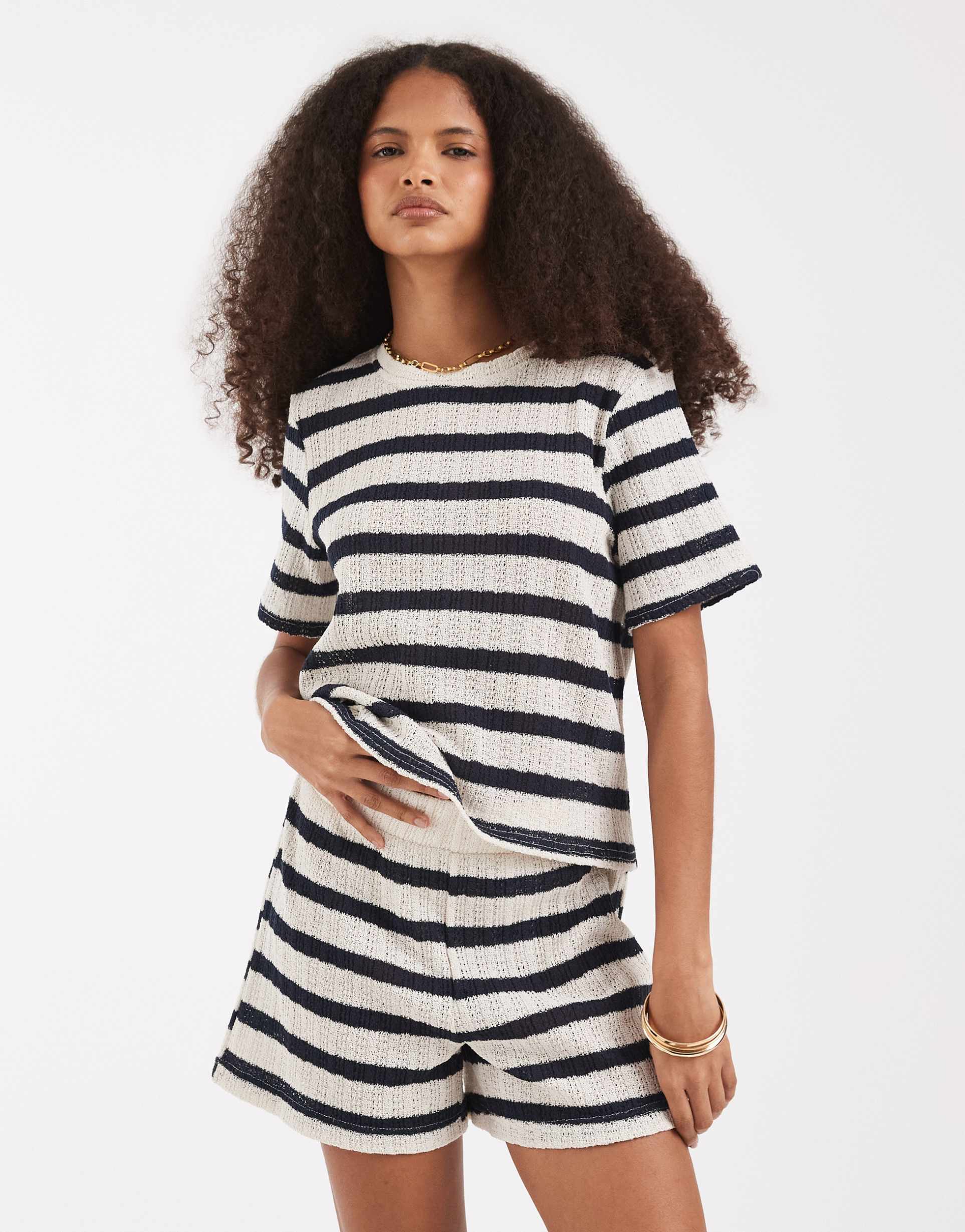 vero moda knit crochet short in cream and navy stripes - part of a set