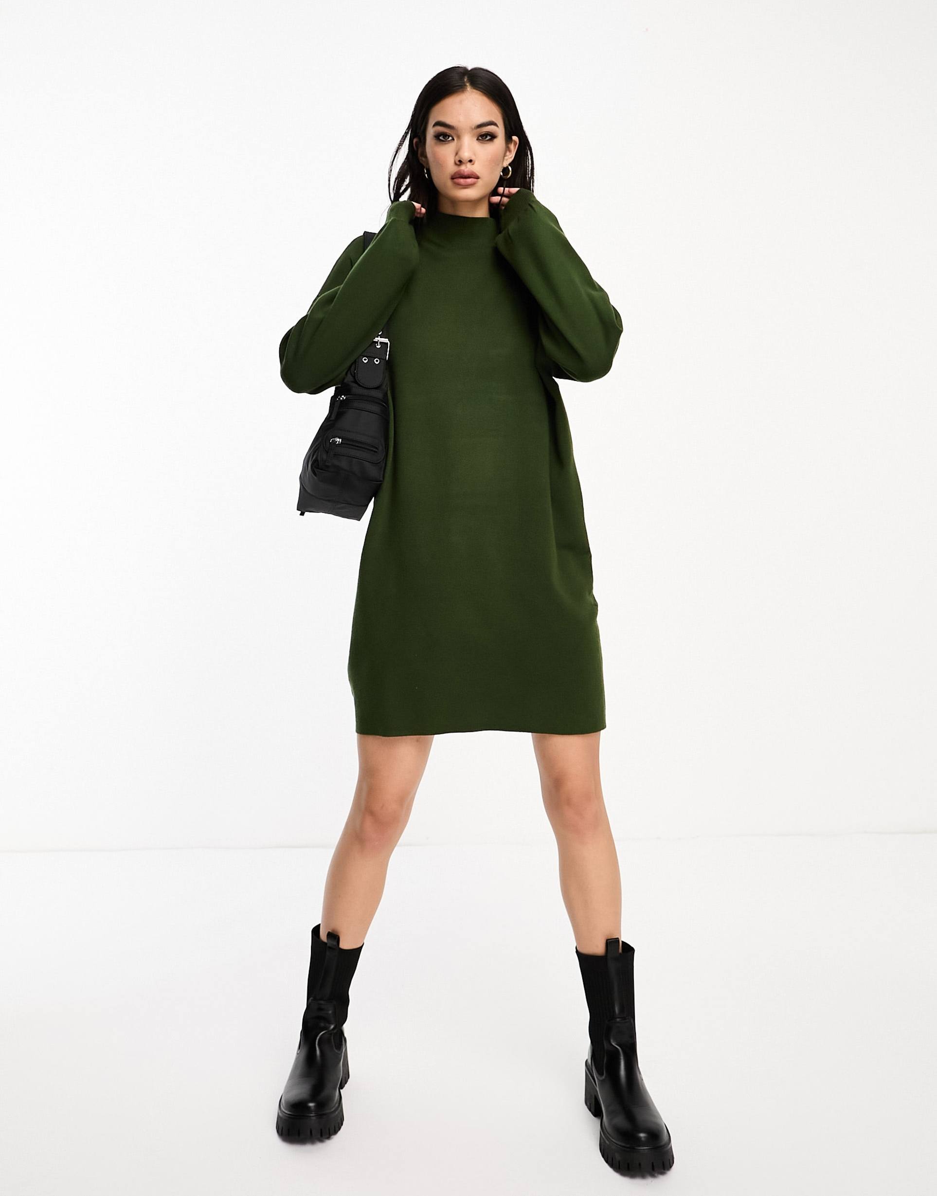 vero moda knit funnel neck mini dress in khaki
