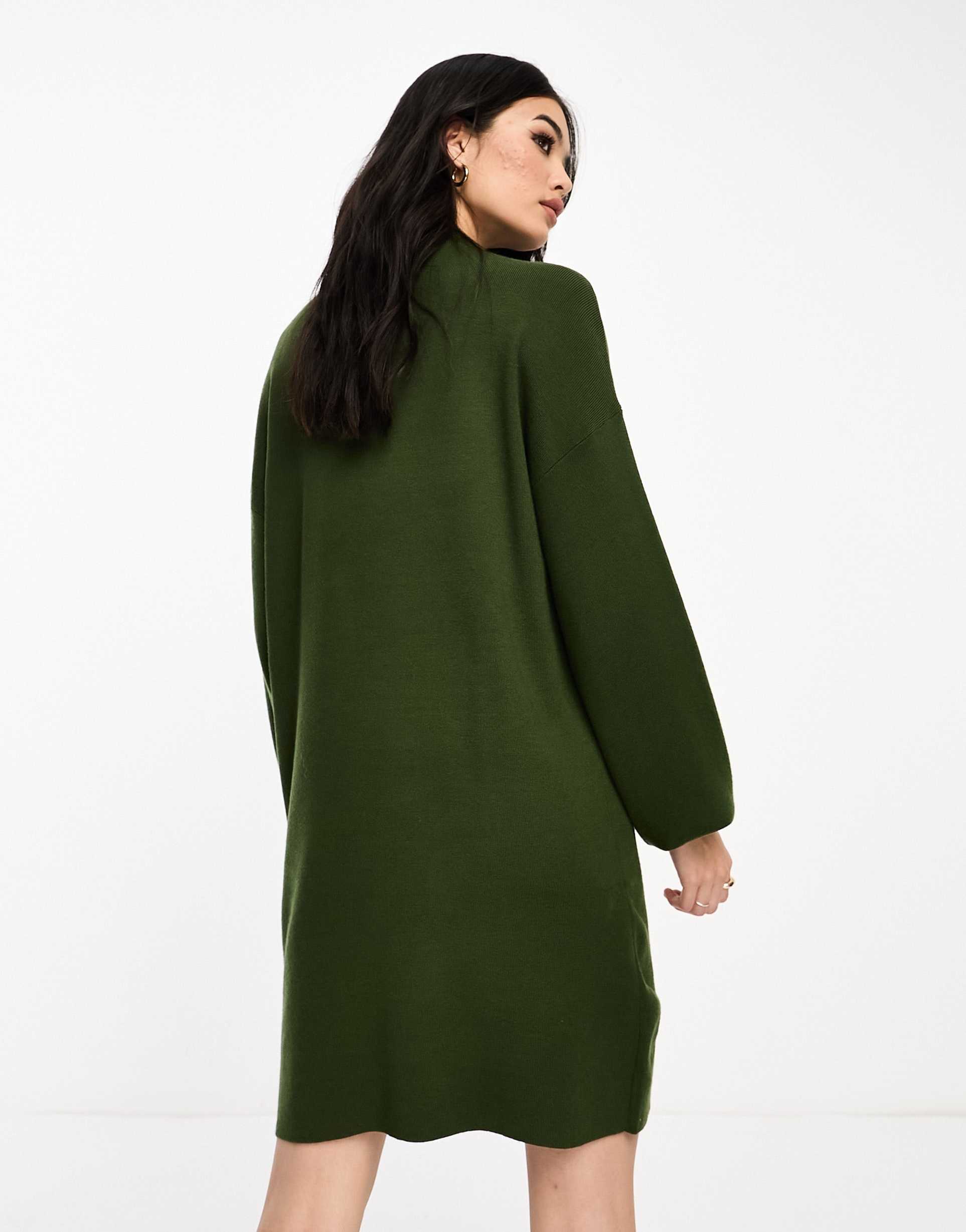 vero moda knit funnel neck mini dress in khaki
