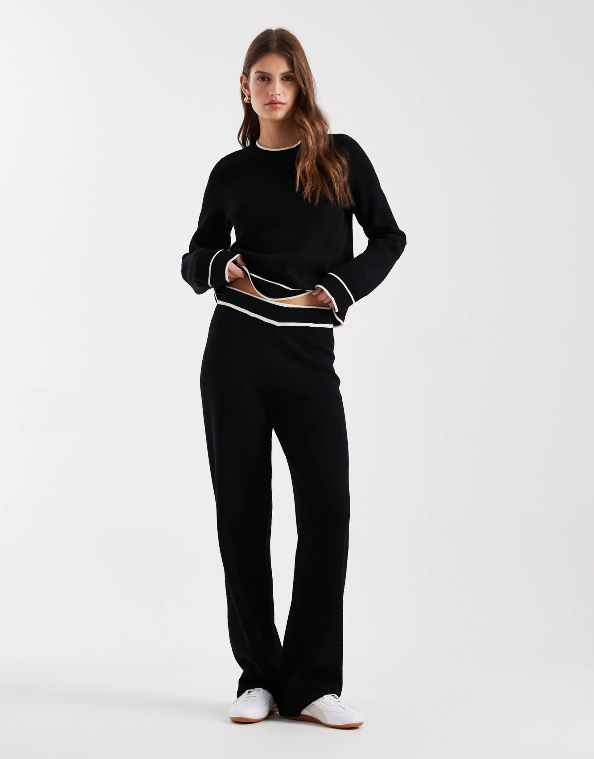 vero moda knit pants with cream contrast piping in black - part of a set