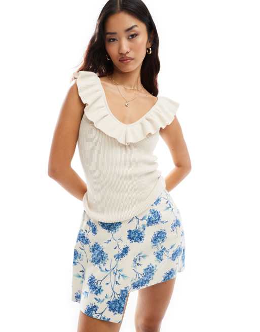 Vero Moda knit ruffle neck detail cami top in cream