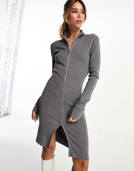 Vero Moda knit zip up mini dress in dark gray