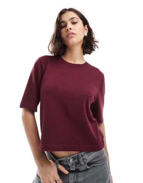 Vero Moda knitted boxy t-shirt in burgundy - view 1