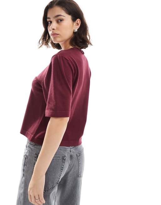 Vero Moda knitted boxy t-shirt in burgundy, 4 of 4