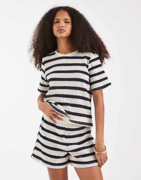 Vero Moda knitted crochet shorts in cream and navy stripe (part of a set) - view 1