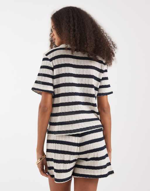 Vero Moda knitted crochet shorts in cream and navy stripe (part of a set), 5 of 5