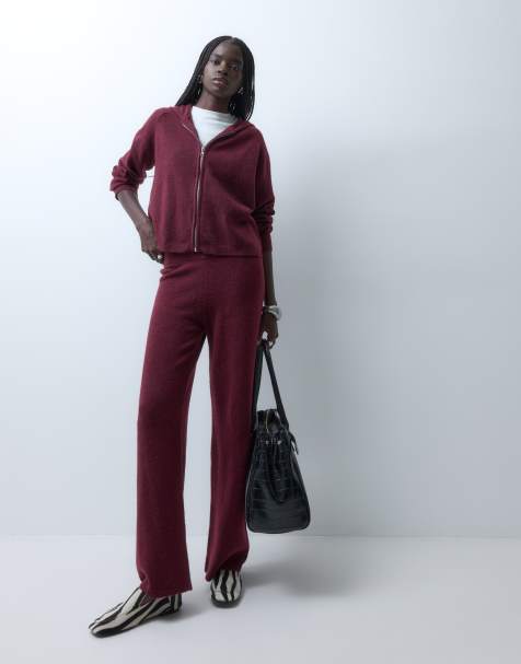 Vero Moda knitted hooded co-ord in burgundy melange - view 1