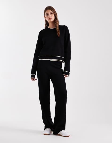 Vero Moda knitted jumper and knitted pants set with cream contrast piping in black - view 1