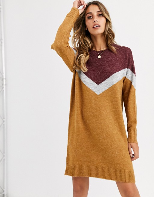 Vero Moda knitted jumper dress with chevron detail in rust