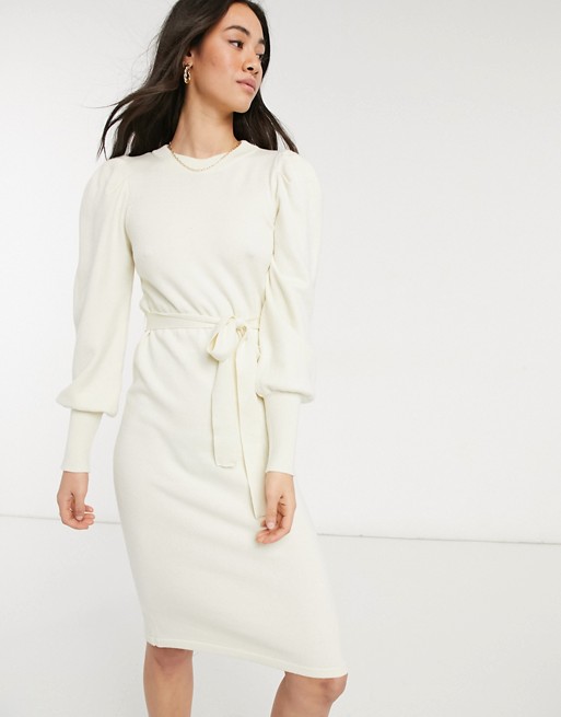 Vero Moda knitted midi dress with tie waist in cream